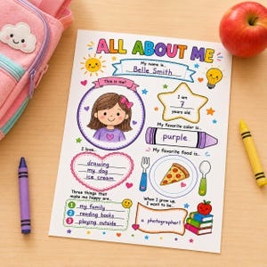 An all about me worksheet mockup on a wooden desk next to a red apple and a pink cloud backpack. This instant download kids activity book layout is perfect for preschool learning and toddler busy book crafts. It shows a filled template with prompts for age and favorite things, making it ideal as printable worksheets or educational printables. This colorful page serves as an excellent first day of school activity to engage young children as they begin their new kindergarten elementary year