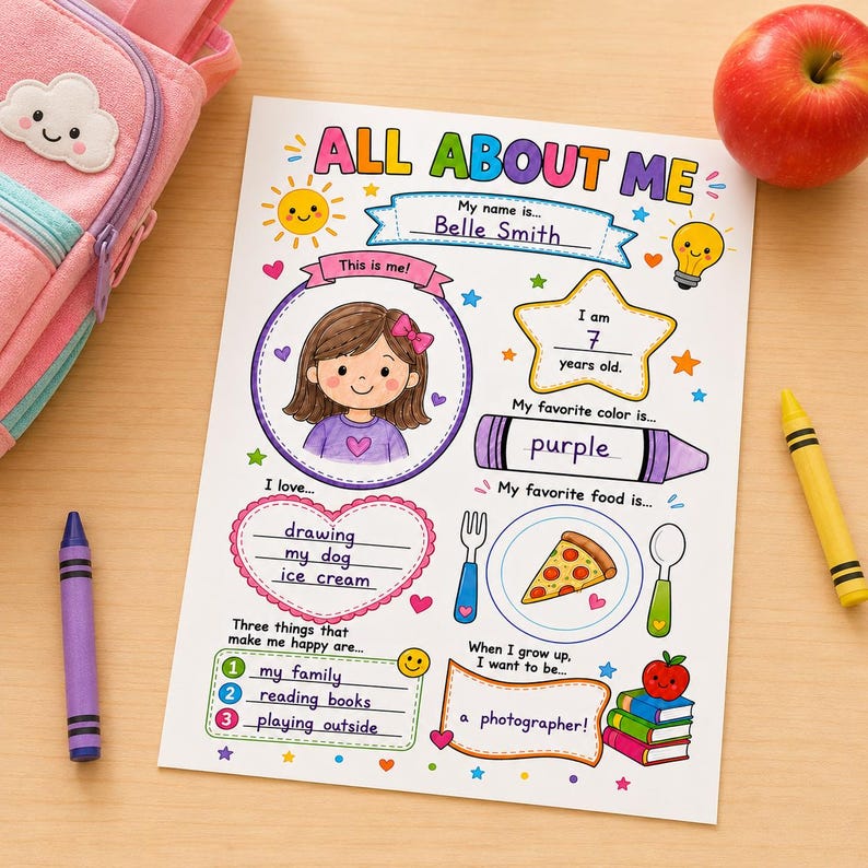An all about me worksheet mockup on a wooden desk next to a red apple and a pink cloud backpack. This instant download kids activity book layout is perfect for preschool learning and toddler busy book crafts. It shows a filled template with prompts for age and favorite things, making it ideal as printable worksheets or educational printables. This colorful page serves as an excellent first day of school activity to engage young children as they begin their new kindergarten elementary year