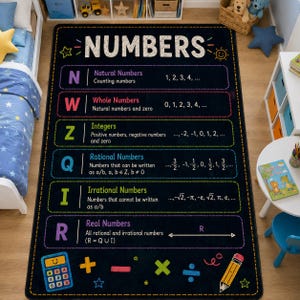 Puede incluir: Una alfombra rectangular negra con un gráfico educativo blanco titulado NUMBERS. Muestra conjuntos matemáticos que incluyen números naturales, enteros, racionales, irracionales y reales con definiciones, ejemplos, una calculadora y símbolos matemáticos.