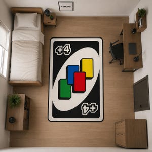 May include: A rectangular area rug featuring a black, white, red, blue, green, and yellow graphic design that mimics a plus four playing card. The rug has a white border, a large white oval in the center, and the text +4 in the top and bottom corners.