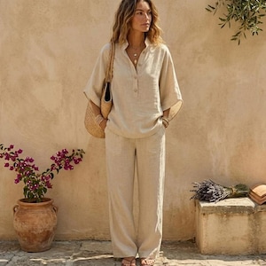 100% Leinen Oberteil und Hose Set | Übergroßes Zweiteiler-Outfit für Frauen