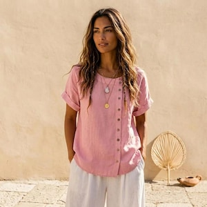 Oversize Leinenhemd Damen | Vintage Button Up Boho Street Top
