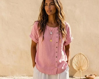 Chemise oversize en lin Femme | haut vintage boutonné bohème streetwear