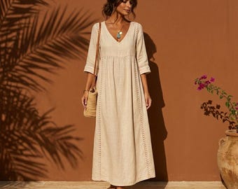 Vestido largo de algodón y lino / Vestido veraniego bohemio de encaje con escote en V