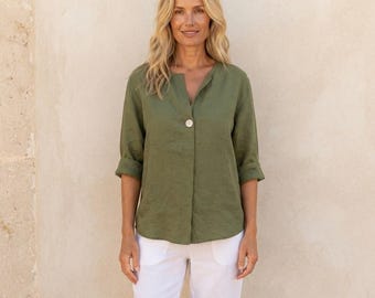 Linen Blend V-Neck Blouse | Women’s Loose 3/4 Sleeve Summer Tunic Top, Casual Cotton Linen Shirt