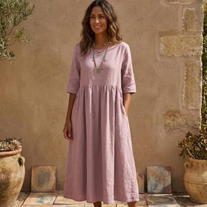 Vestido longo de algodão e linho | Vestido boho de verão de manga curta com bolsos