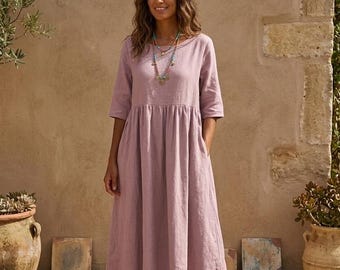 Cotton Linen Maxi Dress | Short Sleeve Boho Summer Dress with Pockets