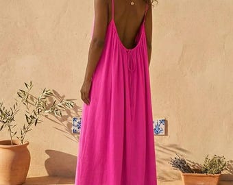 Robe en lin dos nu avec bretelles spaghetti | Maxi robe trapèze d'été