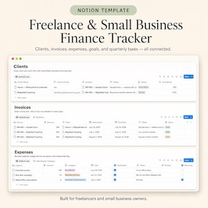 Puede incluir: Una plantilla de Notion para el seguimiento financiero de autónomos y pequeñas empresas. La interfaz muestra tres secciones tituladas Clients, Invoices y Expenses, con tablas que incluyen columnas para nombres, fechas, importes y estados.