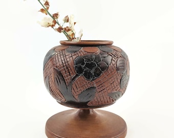 Hand Carved Teak Wood Vase, Etched Floral Boho Decor