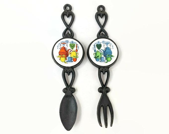 Vintage Cast Iron Fork and Spoon Kitchen Wall Decor 2 Piece Set Colorful Ceramic Tile Insert