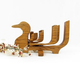 Scandinavian Design Duck Candleholder Oak Wood ~ 8 Arm Articulating Candelabra ~ Folk Art Danish Modern Decor 6 1/4" Tall