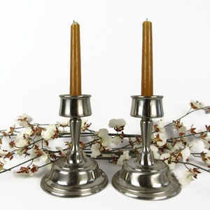 Vintage Pewter Candle Holders ~ Set of 2 Modern Weighted Candlesticks ~ Use Tapers or Votive Cups ~ Primitive Colonial Mantel Decor 6&quot; Tall