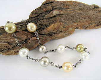 Multi Color Pearl Choker Pewter Chain ~ Large Glass 12 mm Pearls White Champagne Gold Grey