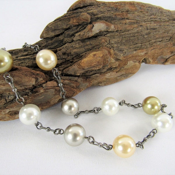 Multi Color Pearl Choker Pewter Chain ~ Large Glass 12 mm Pearls White Champagne Gold Grey