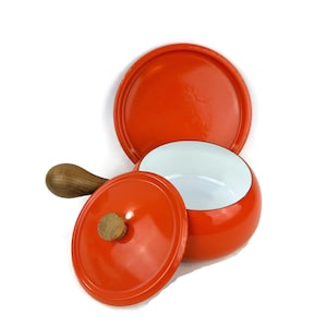 Vintage Orange Enamel Fondue Pot and Tray Wood Handle ~ Mid Century Kitchen ~ MCM Kitchenware ~ Retro Entertaining Hostess Gift Family Night