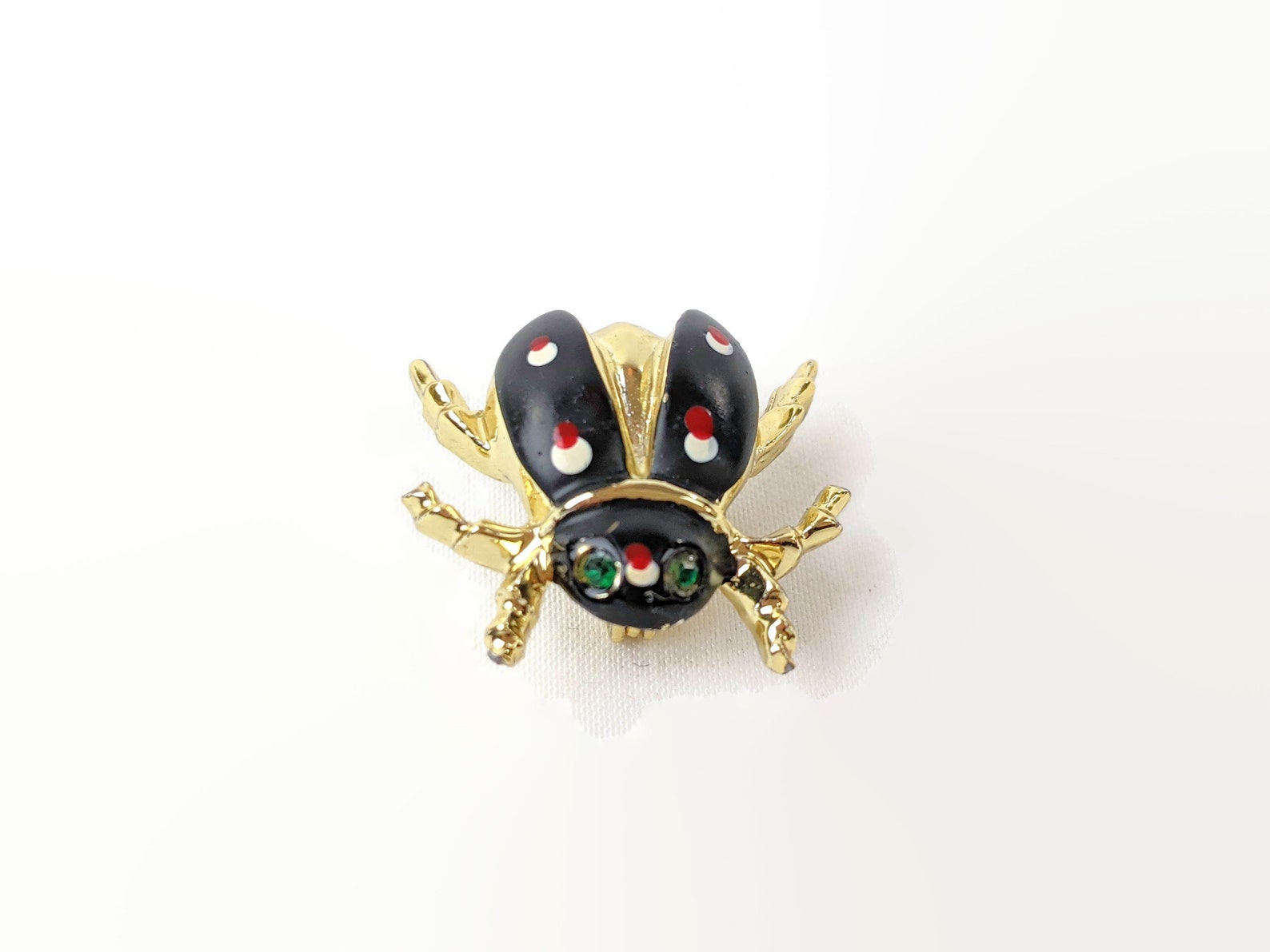 Black Enamel Ladybug Brooch Gold Setting Green Rhinestone Eyes Etsy