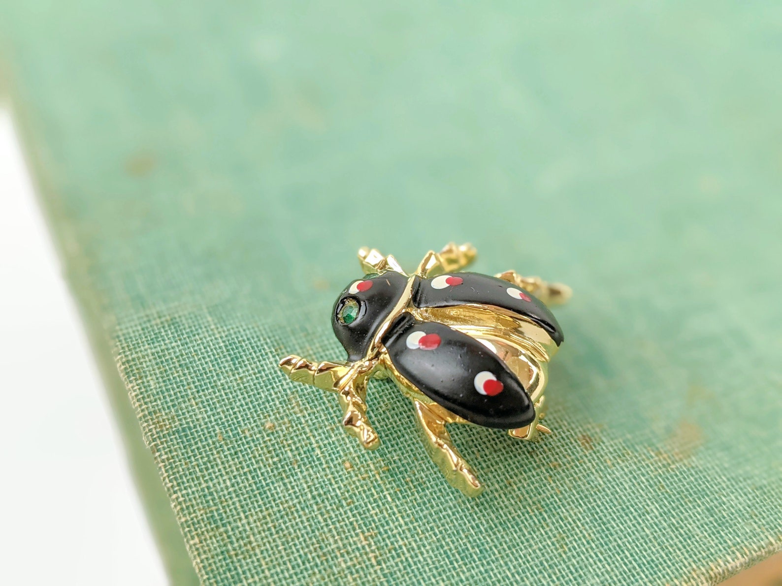 Black Enamel Ladybug Brooch Gold Setting Green Rhinestone Eyes Etsy