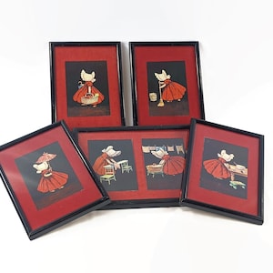 Lot de 6 cartes postales encadrées Sunbonnet Babies ~ Tâches ménagères Sue Bonnet ~ Ullman MFG. Co 1905 ~ Décoration murale vintage pour cuisine/buanderie