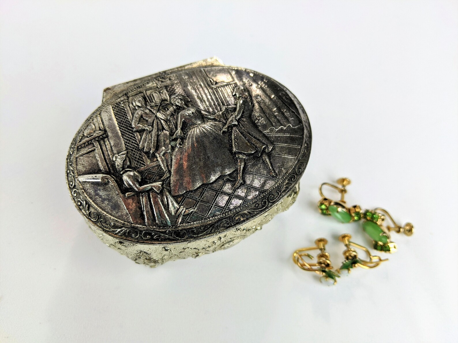 Small Silver Jewelry Box Red Velvet Lining Colonial Dancers Hinged