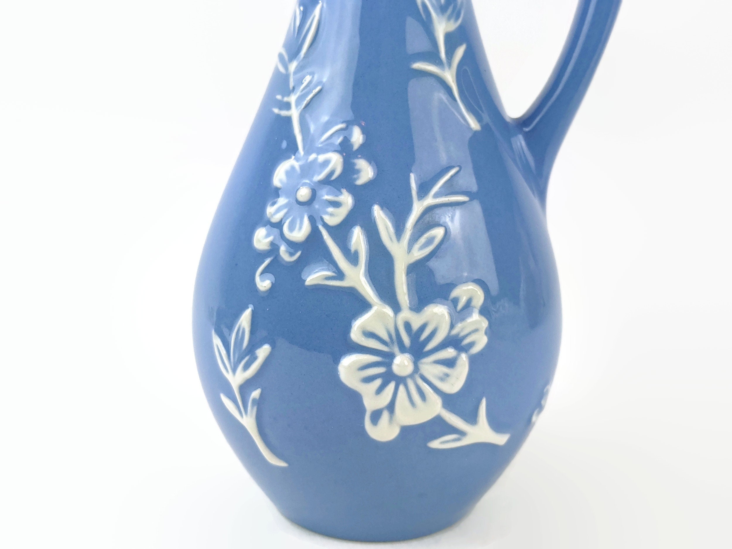 Stangl Pottery Pitcher Blue and White Embossed Flowers Etsy
