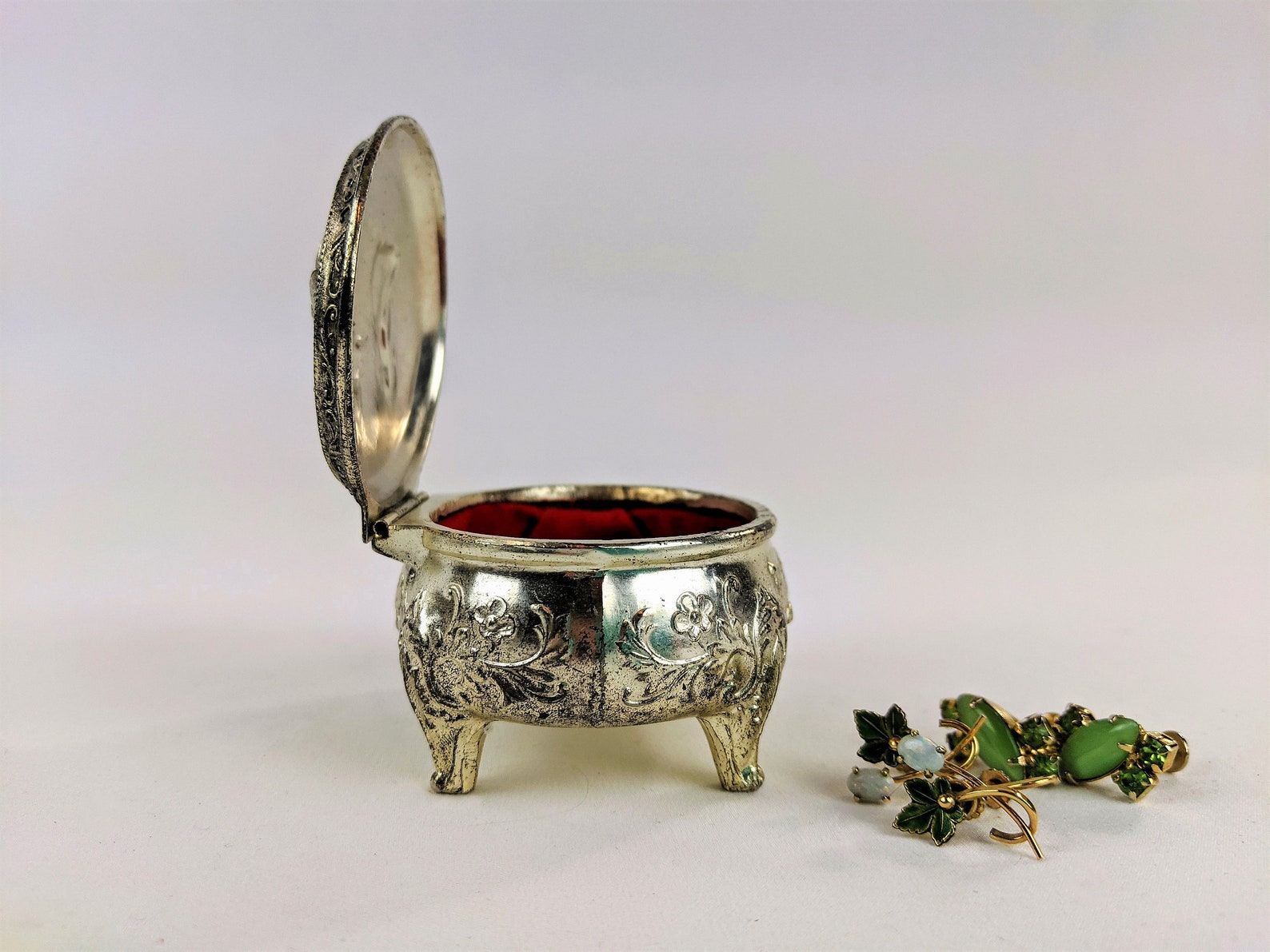 Small Silver Jewelry Box Red Velvet Lining Colonial Dancers Etsy