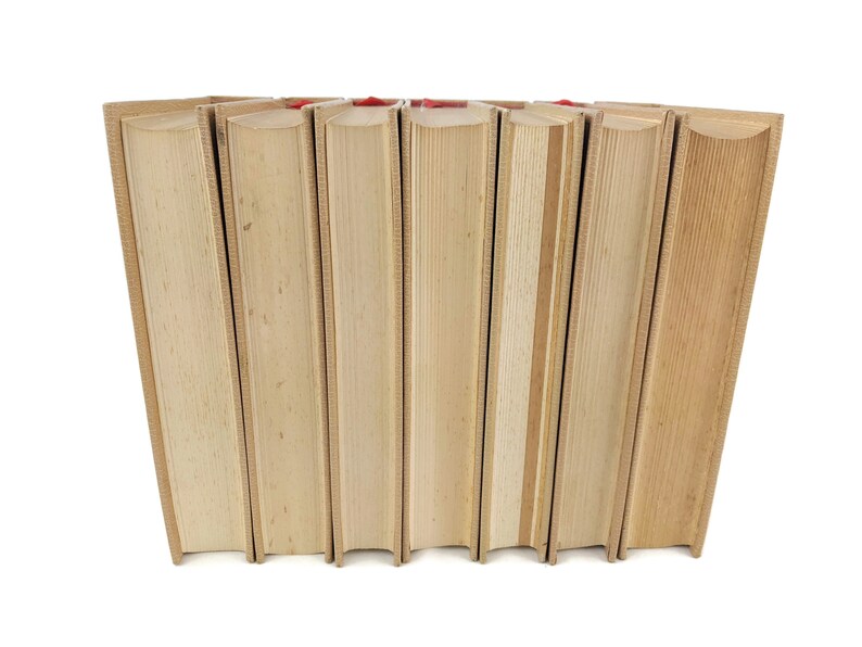 Pode incluir: Um conjunto de oito livros com capas bege e lombadas vermelhas. Os livros est&atilde;o dispostos em semic&iacute;rculo.