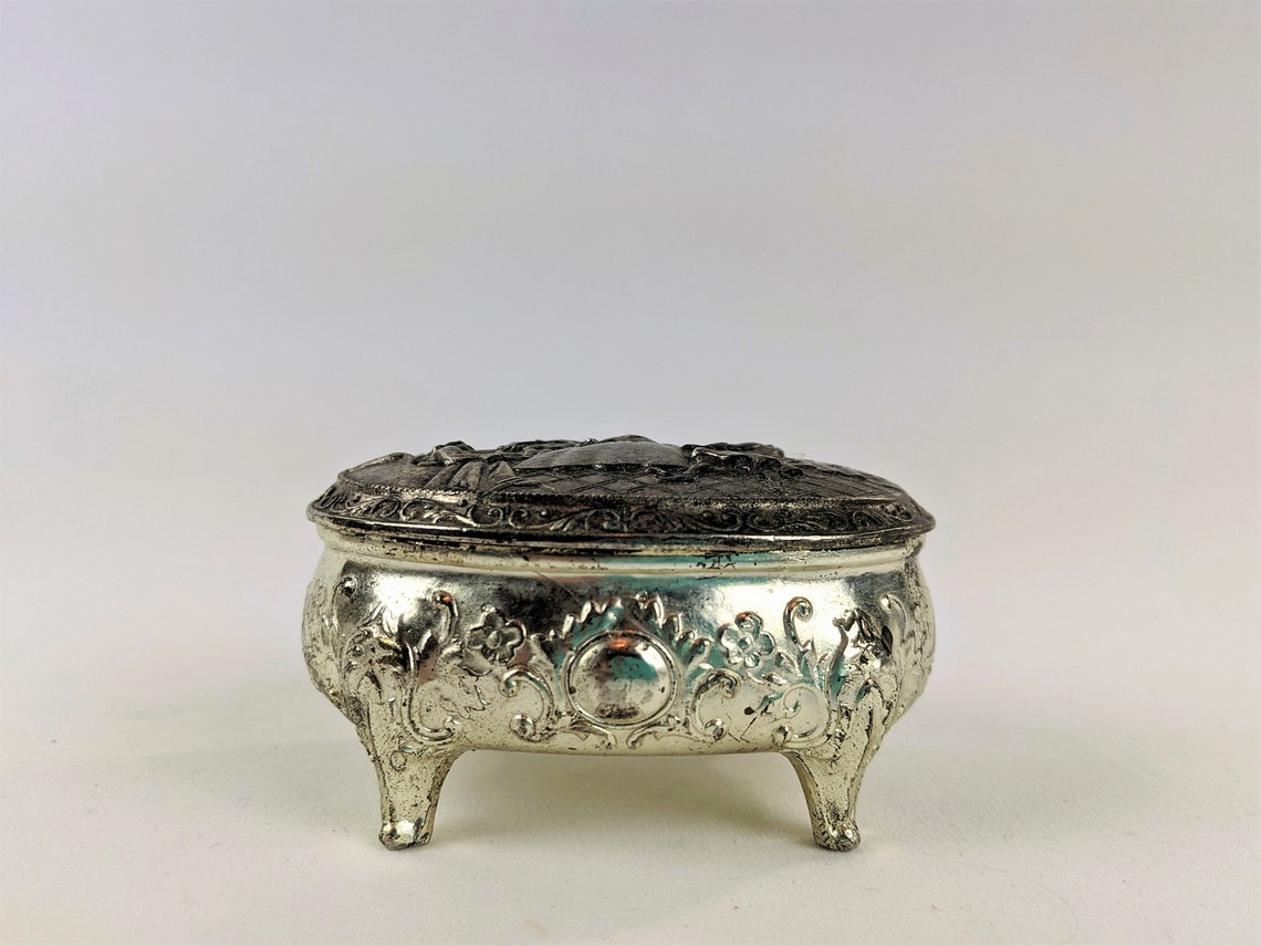 Small Silver Jewelry Box Red Velvet Lining Colonial Dancers Etsy