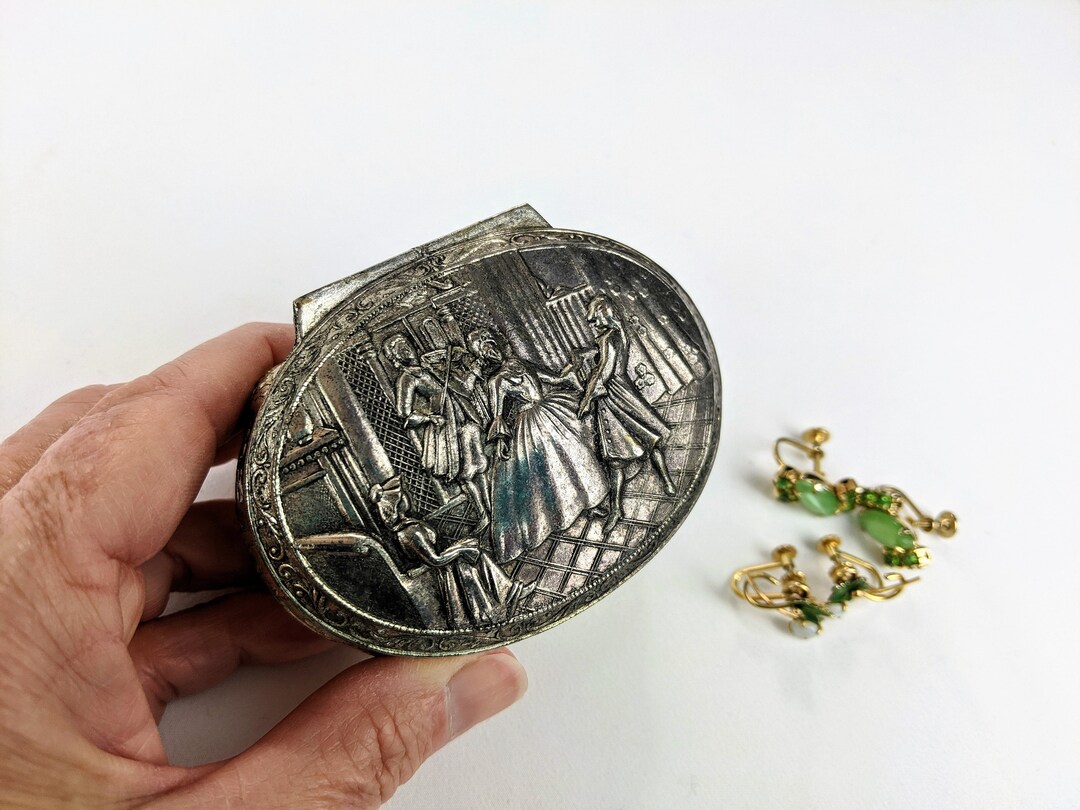 Small Silver Jewelry Box Red Velvet Lining Colonial Dancers Hinged