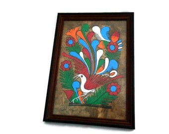 Amate Bark Painting of Bird Vintage Mexican Folk Art ~ Vibrant Bohemian Decor ~ Colorful Boho Wall Art Framed Bark Paper Art