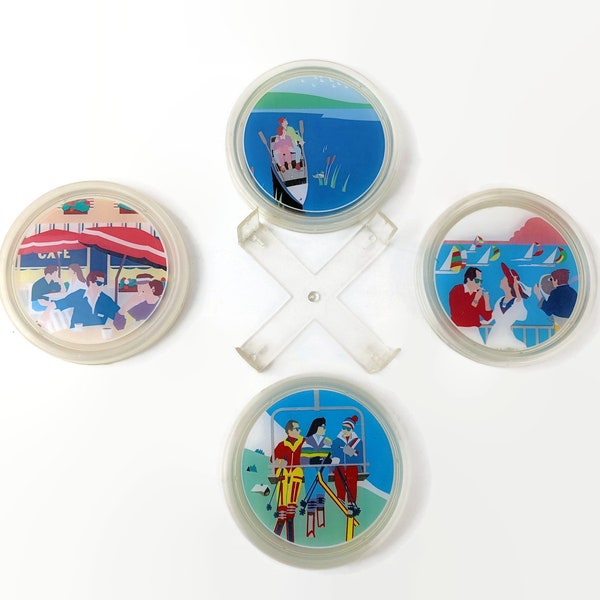 Vintage Mid Century 8 Piece Coaster Set ~ Clear Plastic Coasters People Enjoying Life Graphics Colorful Retro Fun