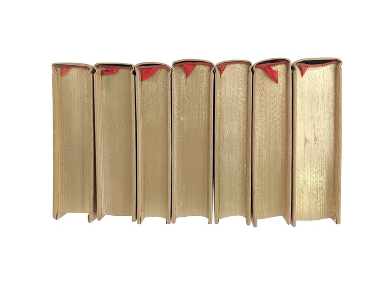 Pode incluir: Uma fila de sete livros antigos de capa dura com marcadores de fita vermelha. Os livros s&atilde;o todos do mesmo tamanho e est&atilde;o dispostos em uma fila sobre um fundo branco.