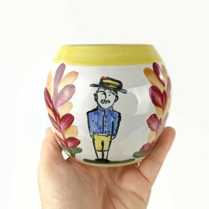 Jerry Beaumont Pottery Vase Greensboro NC ~ Dapper Man Leafy Trees ~ Signed Pottery Bowl ~ Vintage 1990s Collectible Painted Pottery 4.75&quot;T