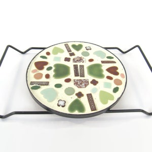 Vintage Mosaic Tile Trivet ~ Black Iron Stand with Handles ~ Retro 1970's Round Mosaic Pot/Plant Holder ~ Ceramic Green Blue Pink Hearts