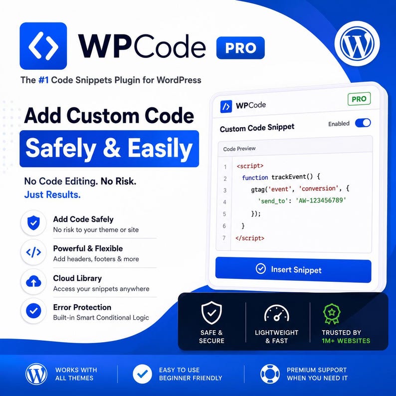 May include: A blue and white graphic for WPCode Pro, a WordPress plugin. It features the text Add Custom Code Safely & Easily, a code snippet preview window, and icons representing features like error protection, cloud library, and safe code insertion.
