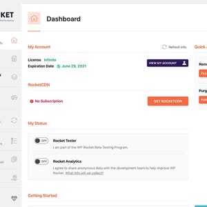K&ouml;nnte beinhalten: Die WP Rocket Dashboard-Oberfl&auml;che zeigt eine Seitenleiste mit Navigationsoptionen wie Cache, File Optimization, Media, Preload, Advanced Rules, Database, CDN und Heartbeat. Der Hauptbereich zeigt Details zur Lizenz, das Ablaufdatum und Schnellaktionsschaltfl&auml;chen.