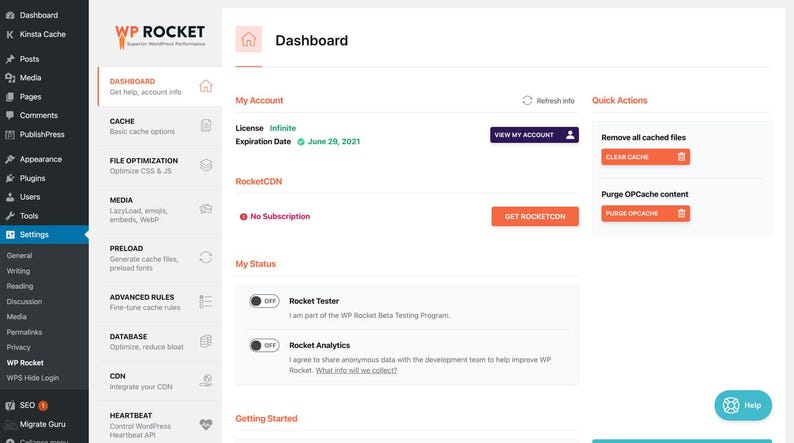 K&ouml;nnte beinhalten: Die WP Rocket Dashboard-Oberfl&auml;che zeigt eine Seitenleiste mit Navigationsoptionen wie Cache, File Optimization, Media, Preload, Advanced Rules, Database, CDN und Heartbeat. Der Hauptbereich zeigt Details zur Lizenz, das Ablaufdatum und Schnellaktionsschaltfl&auml;chen.