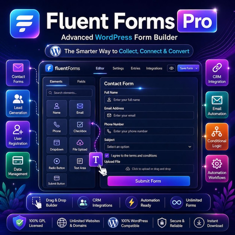 May include: A digital interface for Fluent Forms Pro, an advanced WordPress form builder. The dark-themed dashboard displays a contact form editor with drag-and-drop elements, surrounded by glowing purple and blue icons for CRM, email, and automation features.