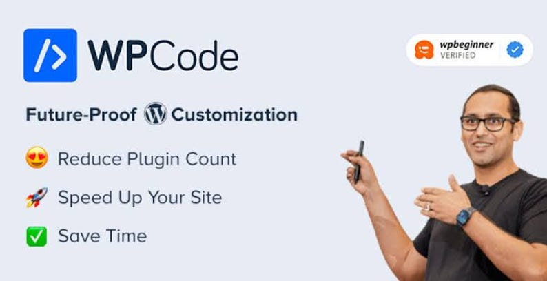 May include: A promotional graphic for WPCode featuring the text Future-Proof WordPress Customization. The list includes Reduce Plugin Count, Speed Up Your Site, and Save Time with corresponding emojis. A verified badge for wpbeginner is visible.