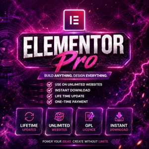 Könnte beinhalten: Eine digitale Grafik für Elementor Pro mit einem neon-violetten und pinken Blitzhintergrund. Der Text lautet Elementor Pro, Build Anything. Design Everything., Use on Unlimited Websites, Instant Download, Life Time Update, One-Time Payment.