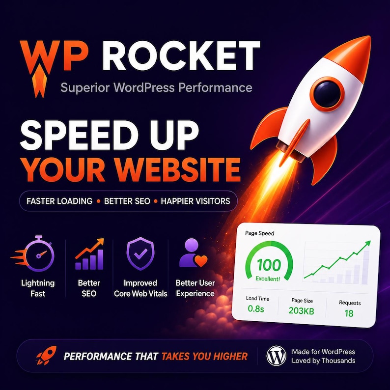 K&ouml;nnte beinhalten: Eine digitale Grafik f&uuml;r WP Rocket mit einer wei&szlig;-orangen Rakete im Aufstieg. Der Text lautet: WP ROCKET, Superior WordPress Performance, SPEED UP YOUR WEBSITE, FASTER LOADING, BETTER SEO, HAPPIER VISITORS und PERFORMANCE THAT TAKES YOU HIGHER.