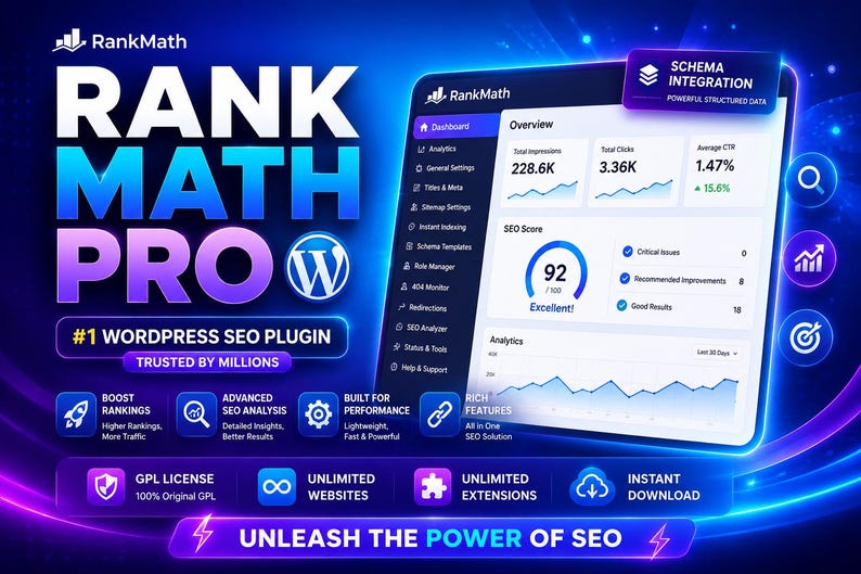 May include: A digital graphic for Rank Math Pro, a WordPress SEO plugin. The image displays a dashboard interface with analytics, including total impressions, clicks, and an SEO score of 92. Text includes Rank Math Pro, #1 WordPress SEO Plugin, and Unleash the Power of SEO, set against a vibrant blue and purple glowing background.