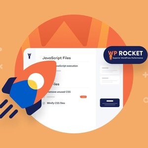 K&ouml;nnte beinhalten: Eine digitale Grafik mit einer stilisierten orangefarbenen und blauen Rakete, die vor einem wei&szlig;en Bedienfeld startet. Das Feld zeigt Text, darunter JavaScript Files und Minify CSS files. Ein dunkelblaues Abzeichen tr&auml;gt die Aufschrift WP ROCKET Superior WordPress Performance.