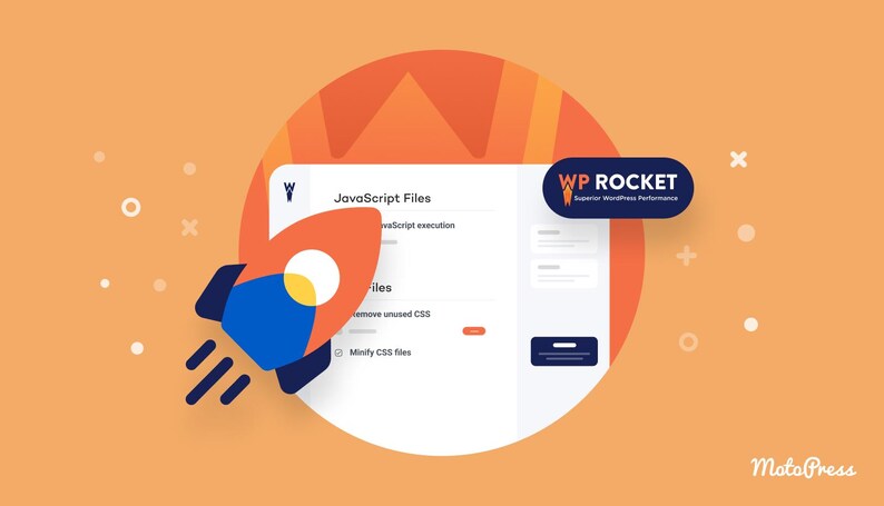 K&ouml;nnte beinhalten: Eine digitale Grafik mit einer stilisierten orangefarbenen und blauen Rakete, die vor einem wei&szlig;en Bedienfeld startet. Das Feld zeigt Text, darunter JavaScript Files und Minify CSS files. Ein dunkelblaues Abzeichen tr&auml;gt die Aufschrift WP ROCKET Superior WordPress Performance.