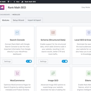 May include: The Rank Math SEO dashboard interface for WordPress displays a grid of module cards including Search Console, Schema, Local SEO, Knowledge Graph, WooCommerce, Image SEO, and Sitemap, with toggle switches for enabling each feature.