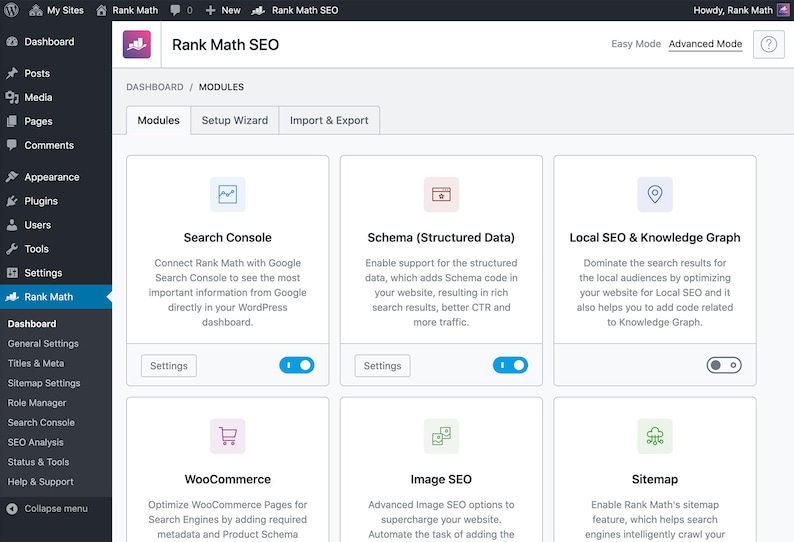 May include: The Rank Math SEO dashboard interface for WordPress displays a grid of module cards including Search Console, Schema, Local SEO, Knowledge Graph, WooCommerce, Image SEO, and Sitemap, with toggle switches for enabling each feature.