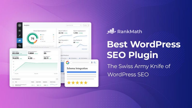 May include: A digital graphic featuring the RankMath logo and the text Best WordPress SEO Plugin, The Swiss Army Knife of WordPress SEO. The image displays multiple dashboard interfaces showing analytics, search traffic, and schema integration.