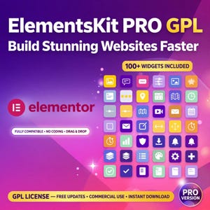 Op de afbeelding: Een digitale afbeelding voor ElementsKit PRO GPL met de tekst Build Stunning Websites Faster en Elementor. Het toont een raster van 100+ widgets met diverse iconen in kleurrijke afgeronde vierkanten op een paarse gradiënt achtergrond.