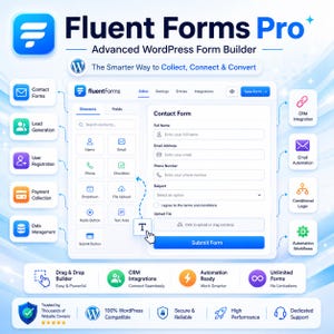 May include: Fluent Forms Pro software interface displaying an advanced WordPress form builder. The dashboard features a drag-and-drop editor with fields for name, email, phone, and file uploads. Icons represent contact forms, lead generation, and CRM integration.