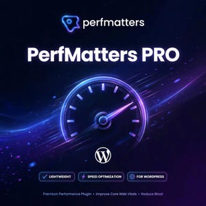 Puede incluir: Un gráfico digital para PerfMatters PRO con un icono de velocímetro y estelas de luz azules y moradas. El texto dice PerfMatters, PerfMatters PRO, logo de WordPress, Lightweight, Speed Optimization, For WordPress y Premium Performance Plugin.